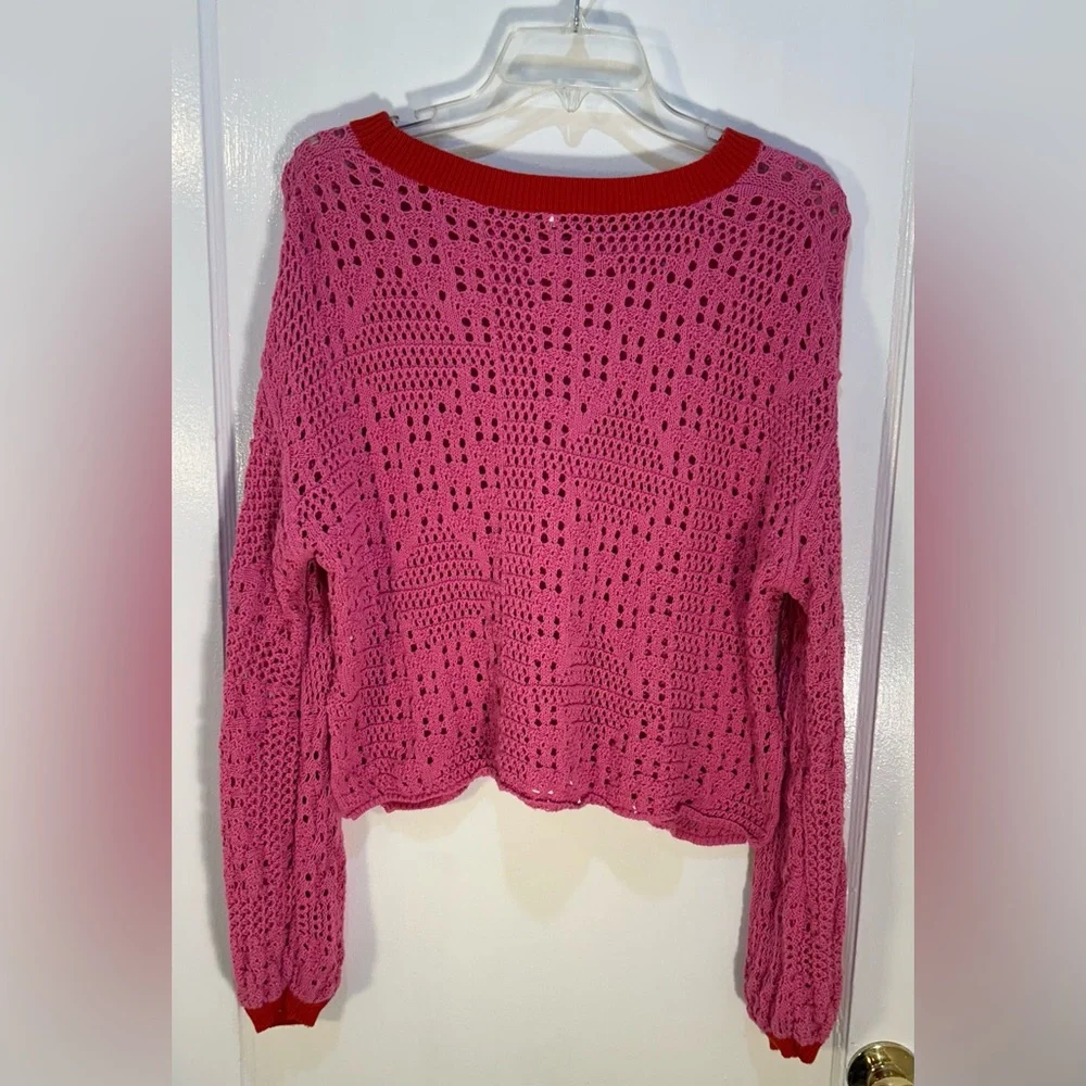 Free People Women' XS Home Run 100% Cotton Pink Crochet Crop Top Long Sleeve